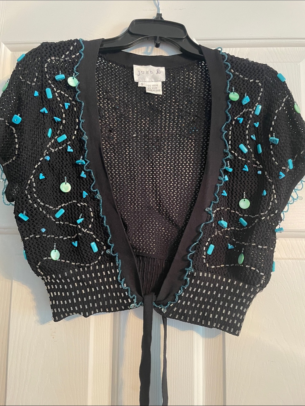 just B Black Cropped Cardigan with Teal Bead Accents